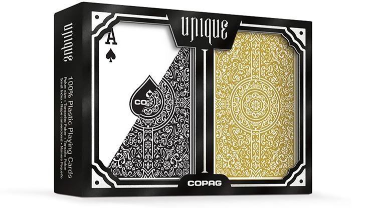 Copag Unique Plastic Playing Cards Poker Size Regular Index Black and Gold Double-Deck Set